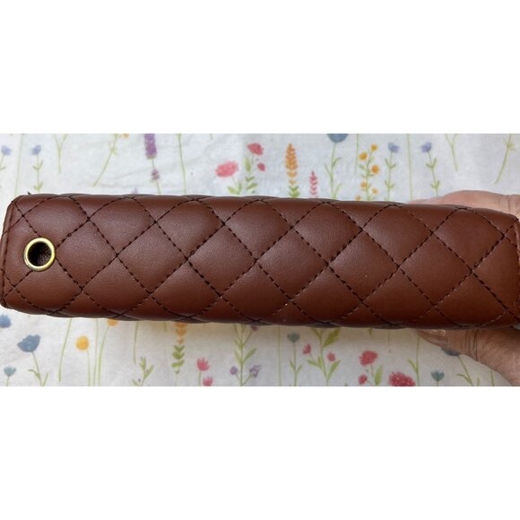 Quilted Brown Faux Leather Zipper Wallet With Wrist Strap & Gold Hardware - Picture 2 of 4